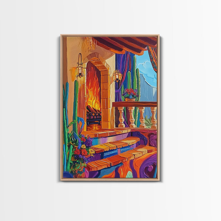 Cozy Hacienda, Fireplace, Terrace, Canvas Print, Southwestern Wall Art, Warm Interior Scene, Kitchen or Dining Room Boho Decor