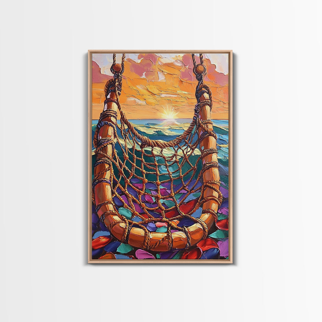Ocean Hammock, Sunset, Boho, Framed Canvas Print dreamy hammock wall art, ocean sunset boho painting, coastal beach decor, patio art