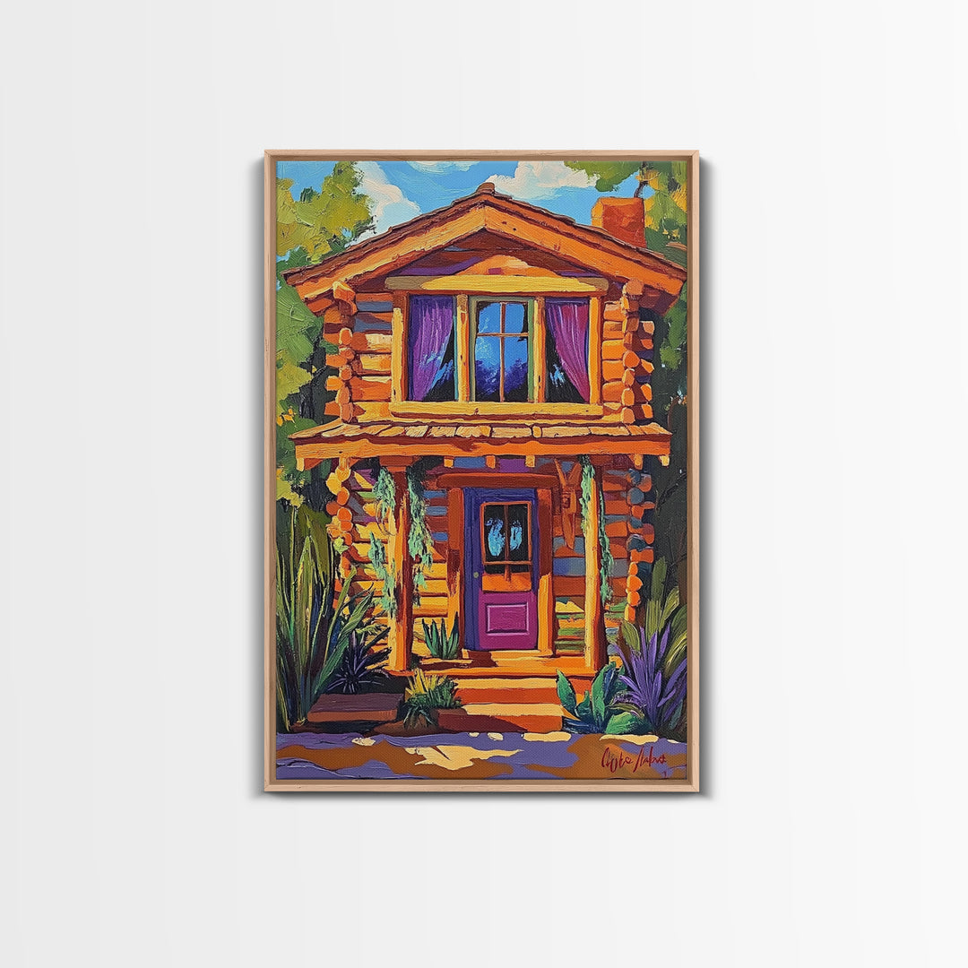 Cabin Cozy, Rustic, Nature, Framed Canvas Print log cabin wall art, autumn home decor, rustic living room print, woodland boho wall decor