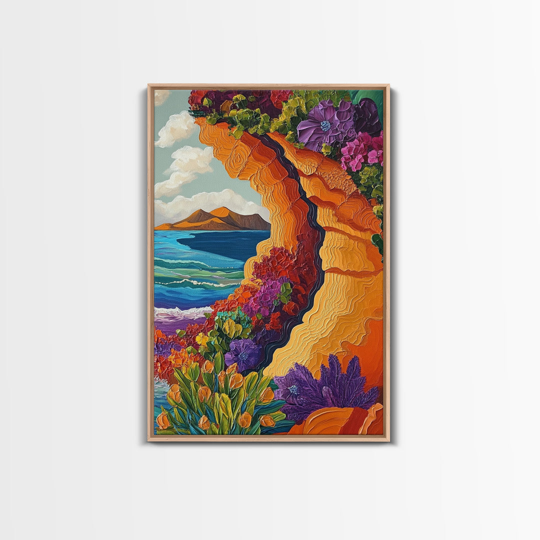 Cliffside Flowers, Ocean, Landscape, Framed Canvas Print floral coastal wall art, textured seaside painting, beach house decor, boho art style