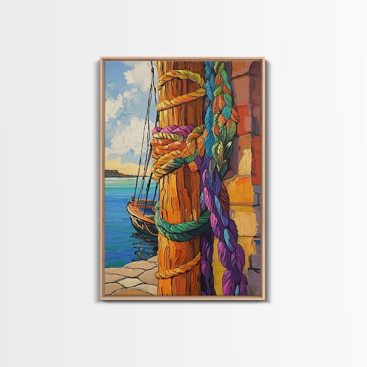 Boat Dock, Ropes, Framed Canvas Print, Nautical Coastal Wall Art, Vibrant Marina Scene, Boho Seaside Decor, Bathroom art, Office Wall Art