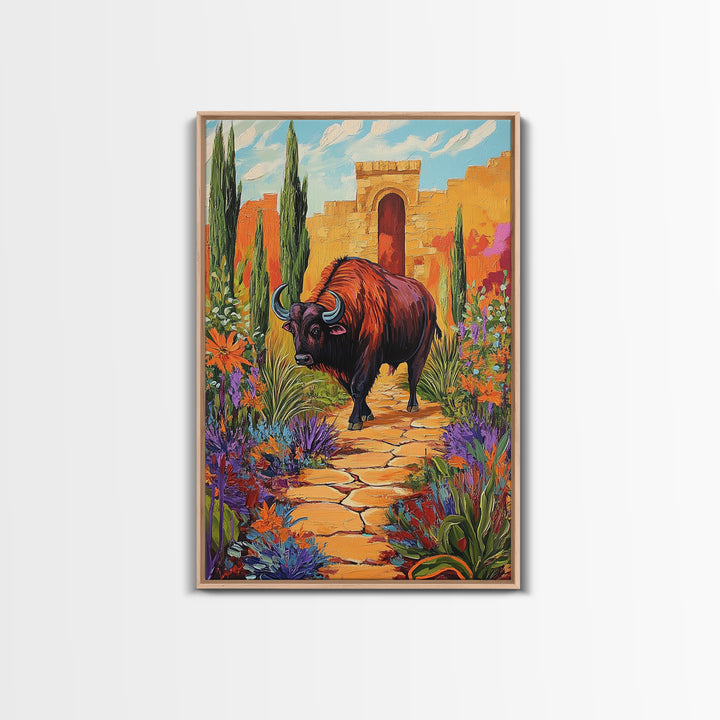 Bison Path, Desert, Framed Canvas Print, Southwest Bull Wall Art, Rustic Western Decor, Vibrant Nature Boho Style, Entryway Wall Art