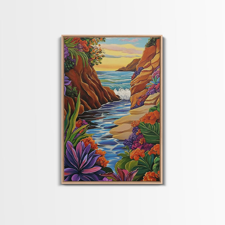 Cliff Ocean, Sunset, Framed Canvas Print, Bold Coastal Canyon Wall Art, Vibrant Nature Decor, Boho Landscape Style, Bedroom Wall Art