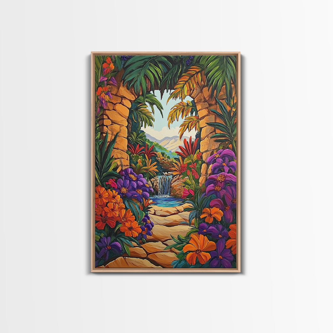 Archway Jungle, Waterfall, Framed Canvas Print, Exotic Tropical Wall Art, Bold Jungle Landscape Decor, Entryway art, Bathroom Wall Art