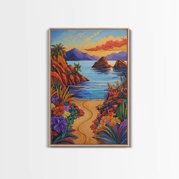 Beach, Sunset, Tropical, Floral Framed Canvas Print, Coastal Living Room Wall Art, Island Paradise Decor, Vibrant Summer Artwork
