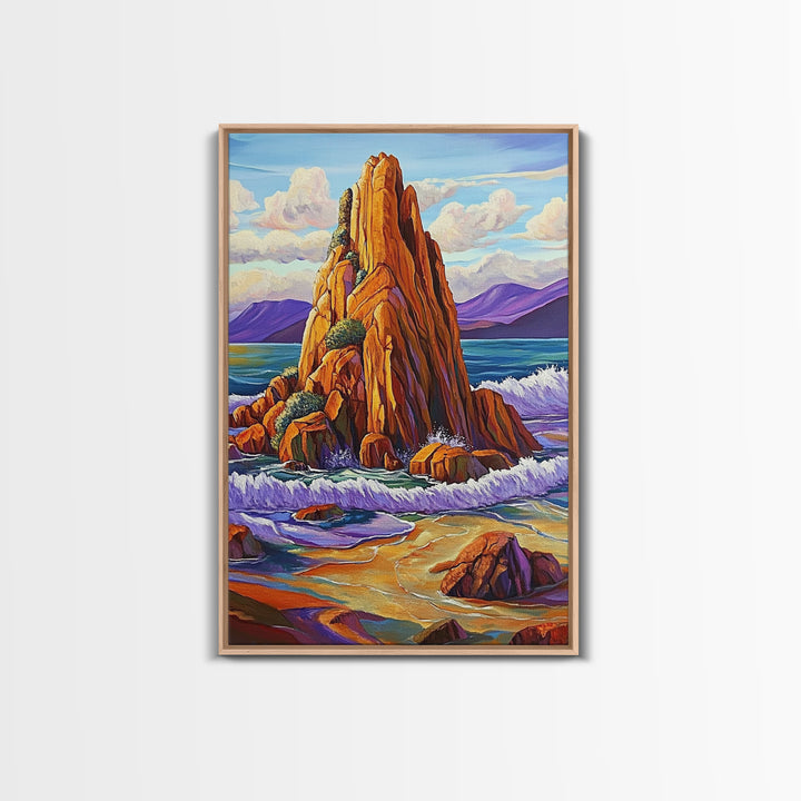 Ocean Cliff, Coastal, Bold Framed Canvas Print, Nature Inspired Bathroom Wall Art, Seaside Landscape Decor, Vibrant Rocky Shoreline