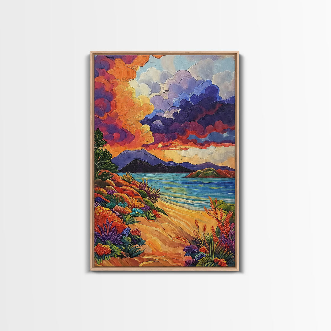 Clouds Sunset, Beach, Scenic Canvas Print, Colorful Coastal Wall Art, Vibrant Nature Landscape, Fall Living Room Art Piece