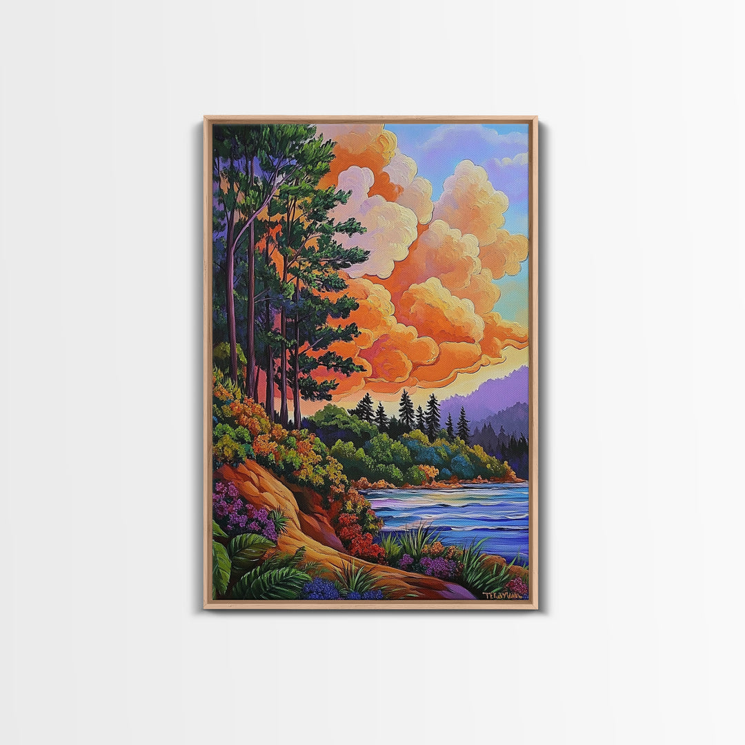 Pine Forest, Sunset, River, Framed Canvas Print, vibrant mountain art, autumn wall decor, cozy cabin wall art, rustic lodge artwork