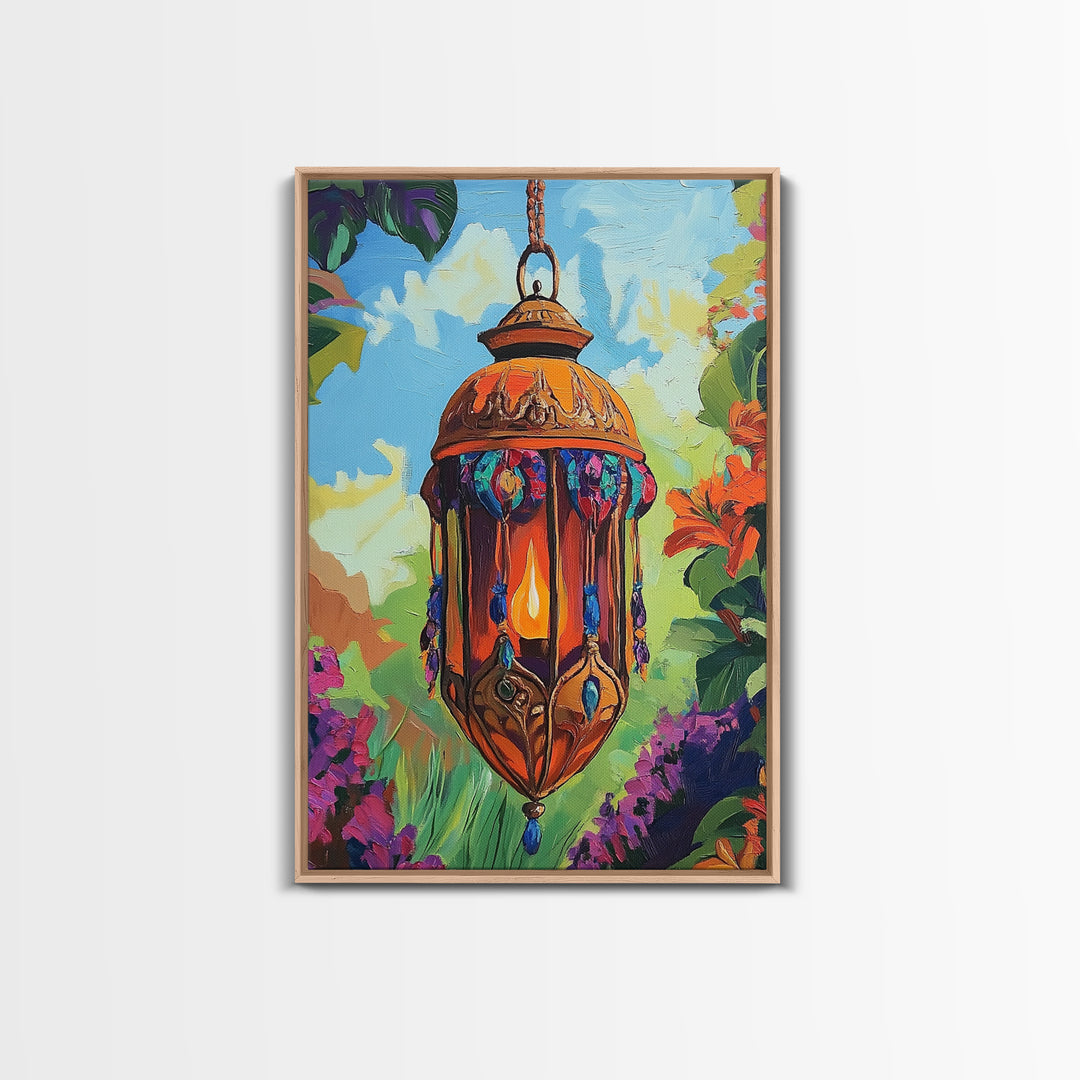 Boho Lantern, Glow, Garden, Framed Canvas Print, Moroccan Lantern Art, Boho Wall Decor, Eclectic Lighting Artwork, Patio Living Room Art