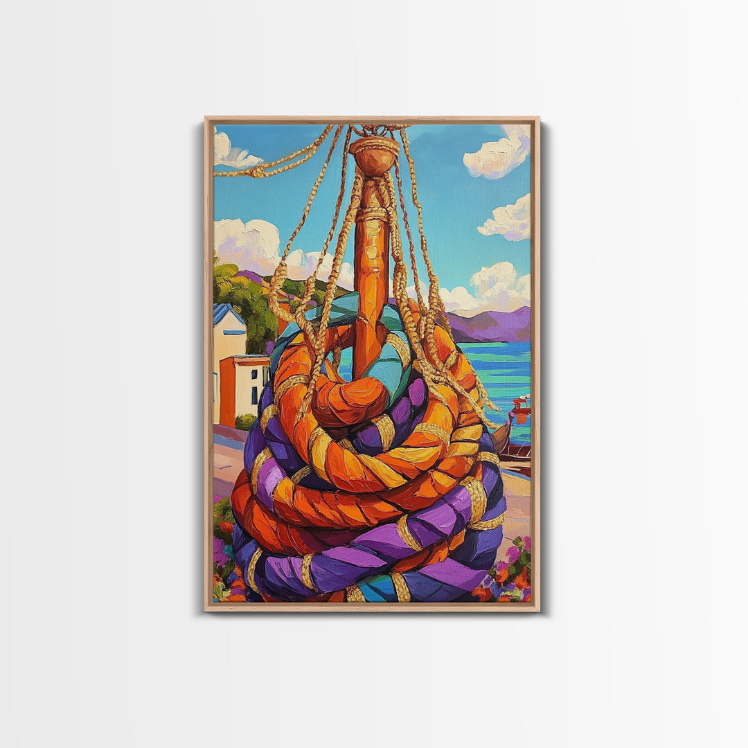 Nautical Rope, Dock, Summer, Framed Canvas Print, Nautical Rope Wall Art, Summer Decor, Bright Harbor Painting, Beach House Wall Accent