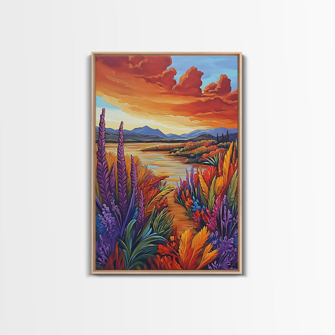 Autumn Lake, Trail, Fall Landscape Painting, Warm Sunset Wall Decor, Living Room Boho Vibes, Framed Canvas Print