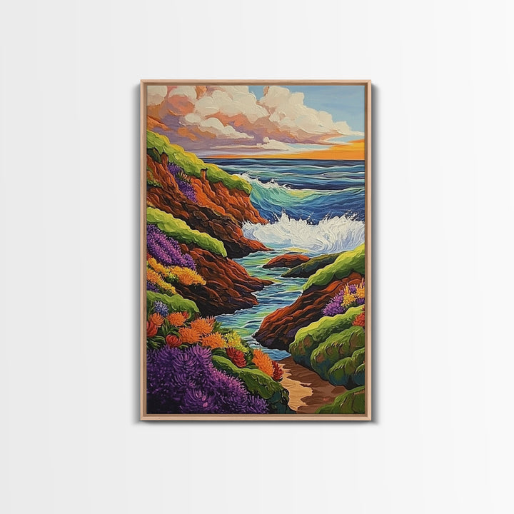Ocean Cliffs, Wildflowers, Vibrant Coast Framed Canvas Print, Spring Beach Wall Art, Boho Living Room Decor, Bold Coastal Art
