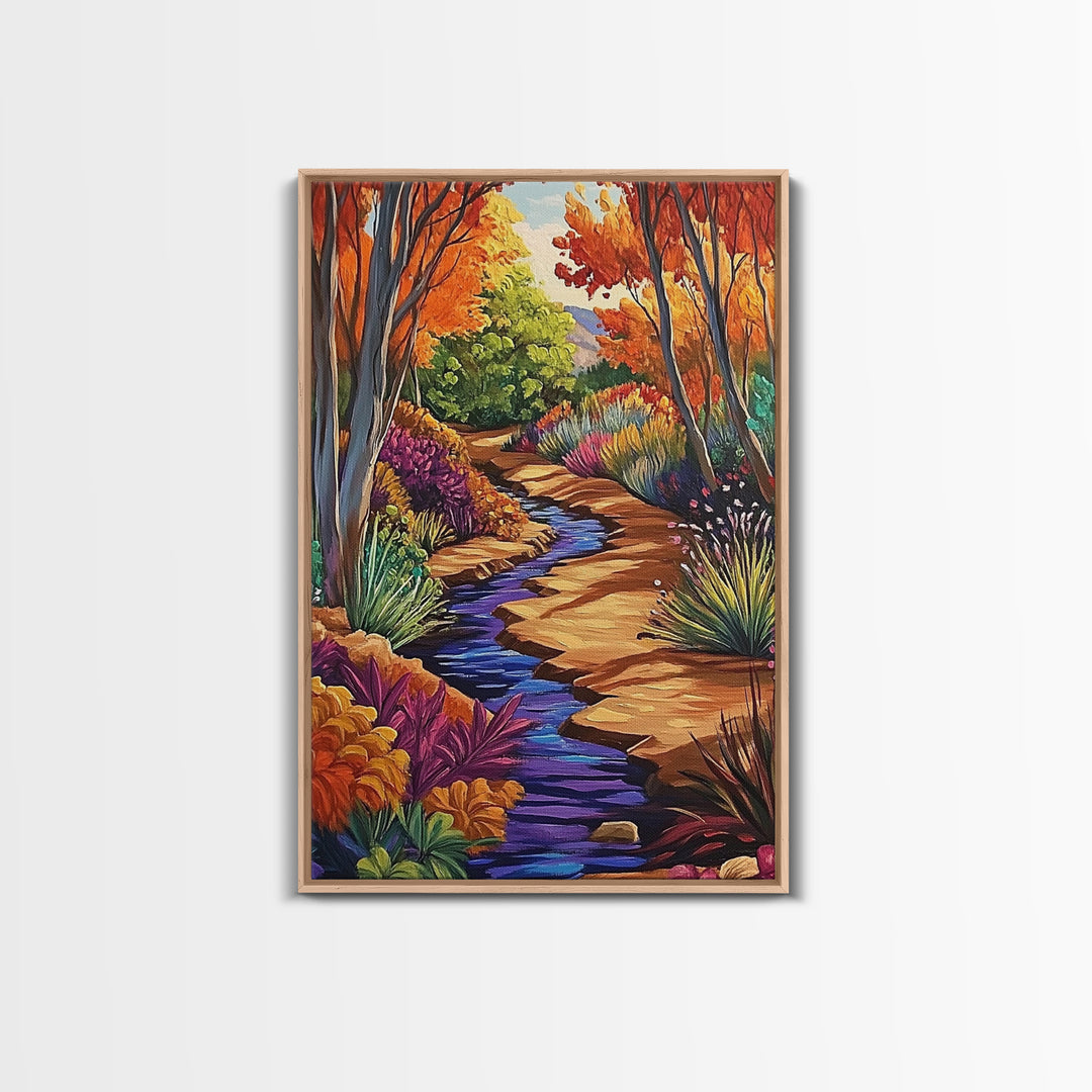 Autumn Forest, Stream, Pathway, Framed Canvas Print, Fall Nature Wall Art, Cozy Cabin Decor, Boho Living Room Landscape Artwork