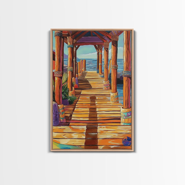 Dock Ocean, Pier, Sunset, Framed Canvas Print, Nautical Coastal Wall Art, Beach House Entryway Decor, Rustic Seaside Living Room