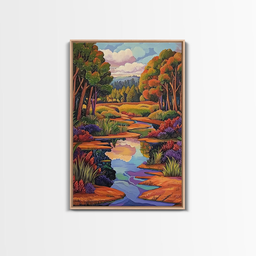 Autumn Trees, Reflection, Canvas Print, Fall forest scene, living room art, nature inspired decor, woodland painting, cozy autumn vibes