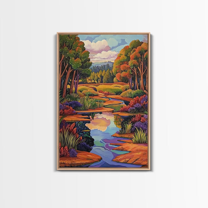 Autumn Trees, Reflection, Canvas Print, Fall forest scene, living room art, nature inspired decor, woodland painting, cozy autumn vibes