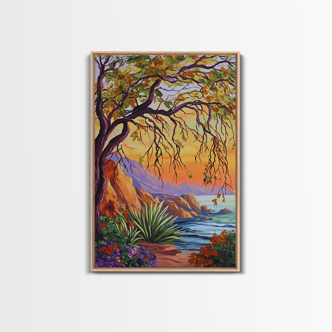 Coastal Tree View, Ocean Cliff Art, Sunset Seascape Painting, Nature Wall Decor, Framed Canvas Print, Hallway Wall Art, beach house art