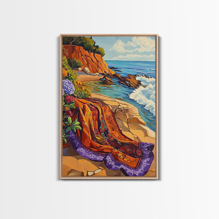 Ocean Blanket, Coast, Framed Canvas Print, Coastal boho art, beach blanket painting, vibrant seashore scene, bedroom wall art, summer vibes