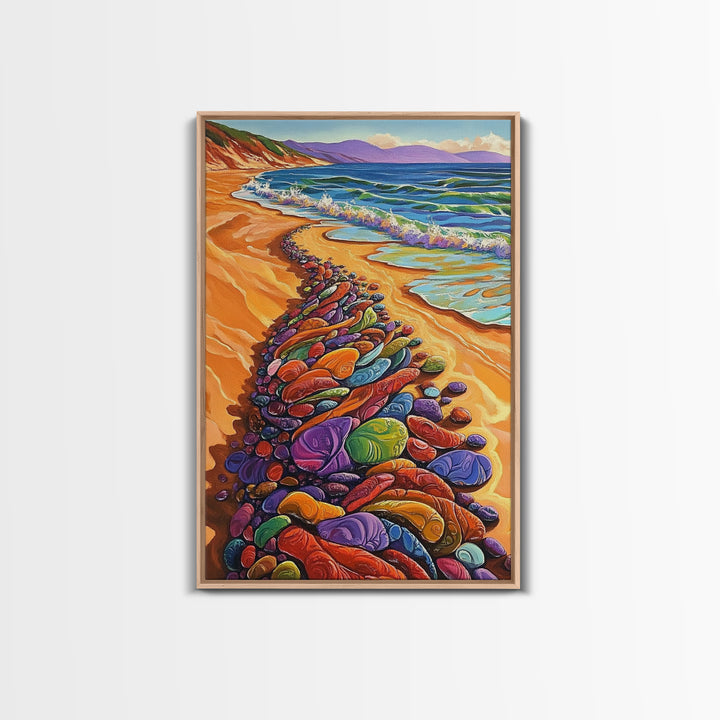 Colorful Rocks, Coastal Art, Vibrant Beach, Framed Canvas Print, nature-inspired painting, whimsical art, Hallway Wall Art
