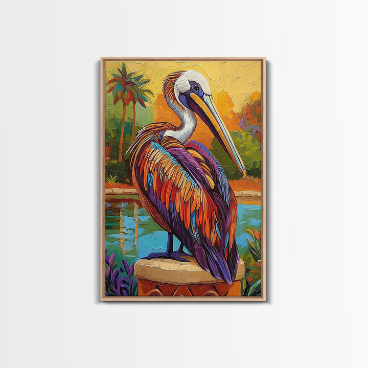 Pelican Portrait, Coastal Bird, Tropical Scene, Canvas Print, beach house decor, boho coastal art, Wildlife Painting, Living Room Wall Art