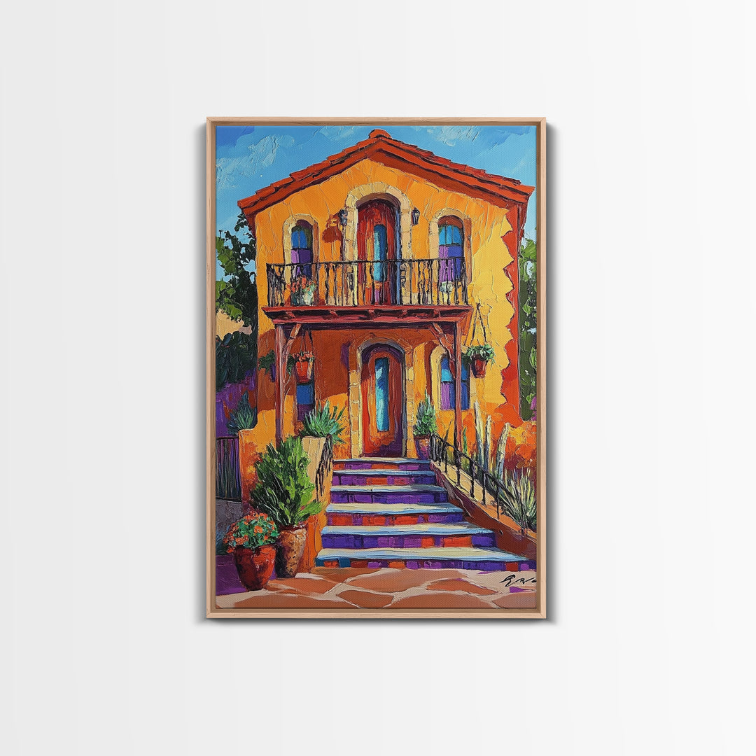 Adobe House, Vibrant Southwest, Fall Architecture Wall Art, Canvas Print, Rustic Staircase Scene, Boho Living Room Decor, Warm Entryway Art