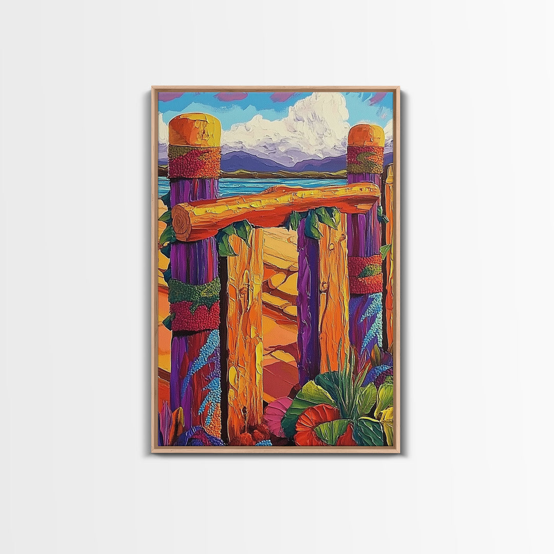 Coastal Fence, Sunset Vibes, Colorful Beach, Ocean Breeze, Framed Canvas Print, Beach House Wall Art, Vibrant Seascape, Tropical Boho Art