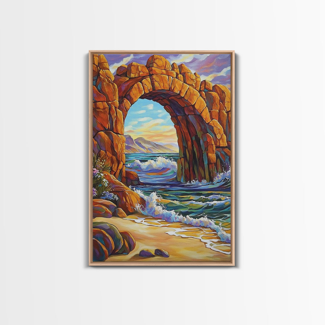 Ocean Arch, Wave Drama, Cliff Coast, Sunset Light, Framed Canvas Print, Living Room Wall Art, Coastal Landscape, Nature Inspired Art