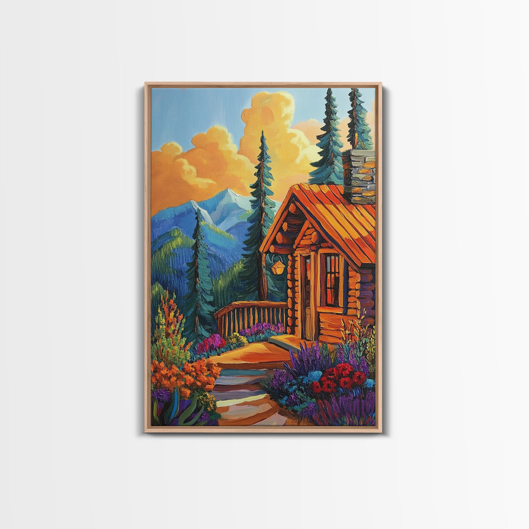 Cabin Escape, Fall Glow, Mountain Forest, Rustic Beauty, Canvas Print, Autumn Wall Art, Log Cabin Decor, Cozy Living Room Accent