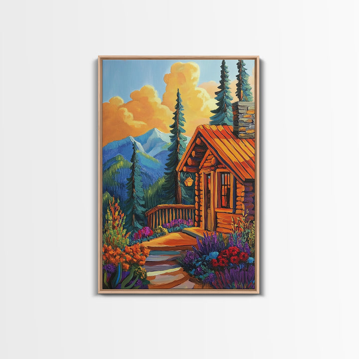 Cabin Escape, Fall Glow, Mountain Forest, Rustic Beauty, Canvas Print, Autumn Wall Art, Log Cabin Decor, Cozy Living Room Accent