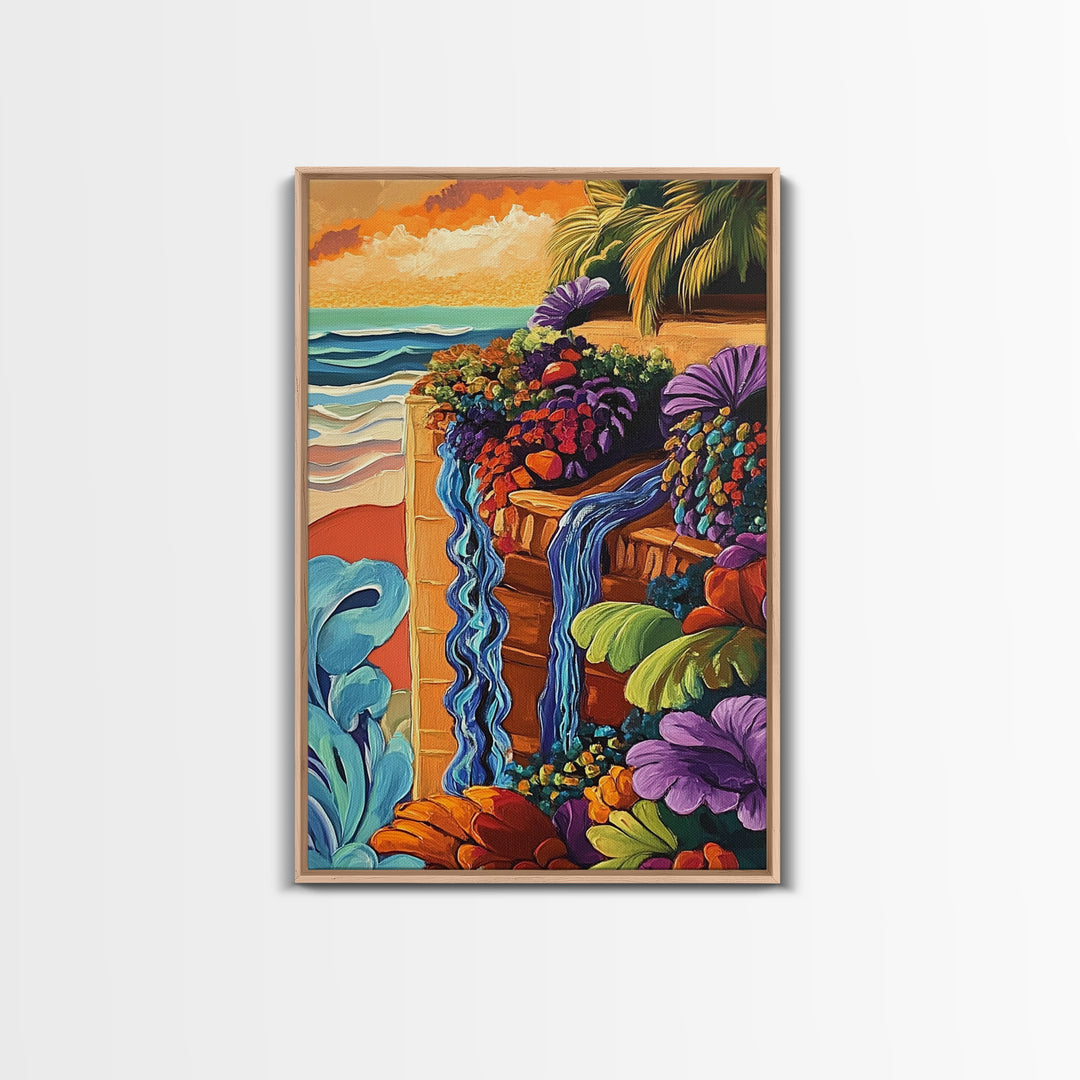 Tropical Garden Waterfall, Coastal Wall Art, Sunset Jungle Scene, Framed Canvas Print, Vibrant Nature Painting, Living Room Boho Art