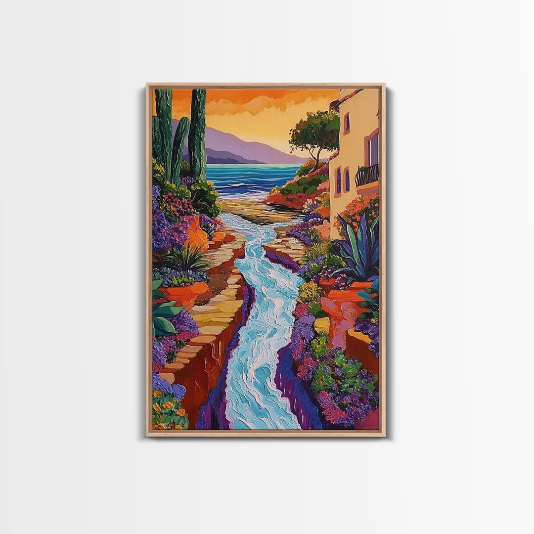 Coastal Pathway Stream, Sunset Cactus Art, Vibrant Garden Trail, Canvas Print, Mediterranean Landscape, Kitchen Wall Decor, Boho Art