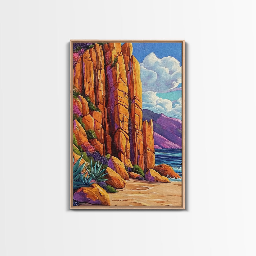 Desert Cliffs and Sea, Coastal Rock Formation, Vibrant Shoreline Scene, Canvas Print, Living Room Wall Art, Bold Nature Painting