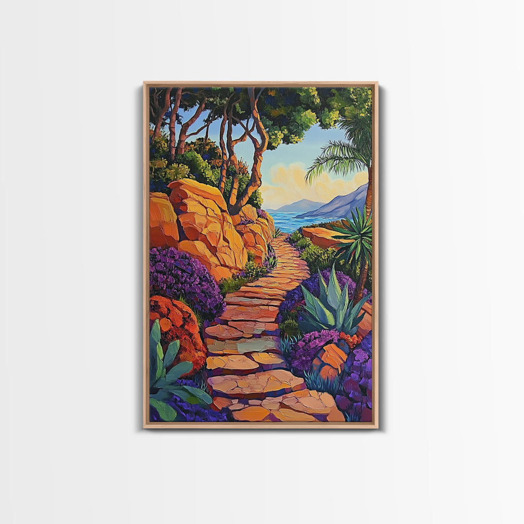 Coastal Trail, Vibrant Path, Tropical Landscape, Nature Art, Sunset Vibes, Living Room Wall Art, Canvas Print, Boho Chic Decor