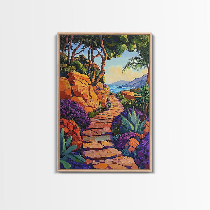Coastal Trail, Vibrant Path, Tropical Landscape, Nature Art, Sunset Vibes, Living Room Wall Art, Canvas Print, Boho Chic Decor