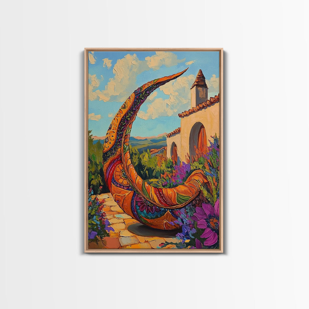 Crescent Sculpture, Sunset Courtyard, Boho Garden Art, Vibrant Southwest Style, Outdoor Decor, Framed Canvas Print, Patio Wall Art