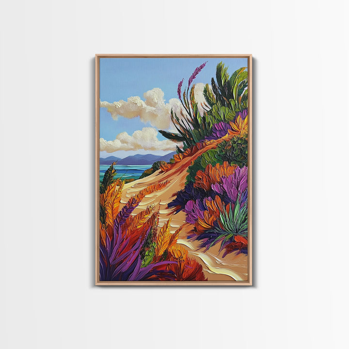 Ocean Cliff Path, Colorful Flora, Coastal Desert View, Summer Breeze Art, Beach House Wall Art, Canvas Print, Boho Nature Style