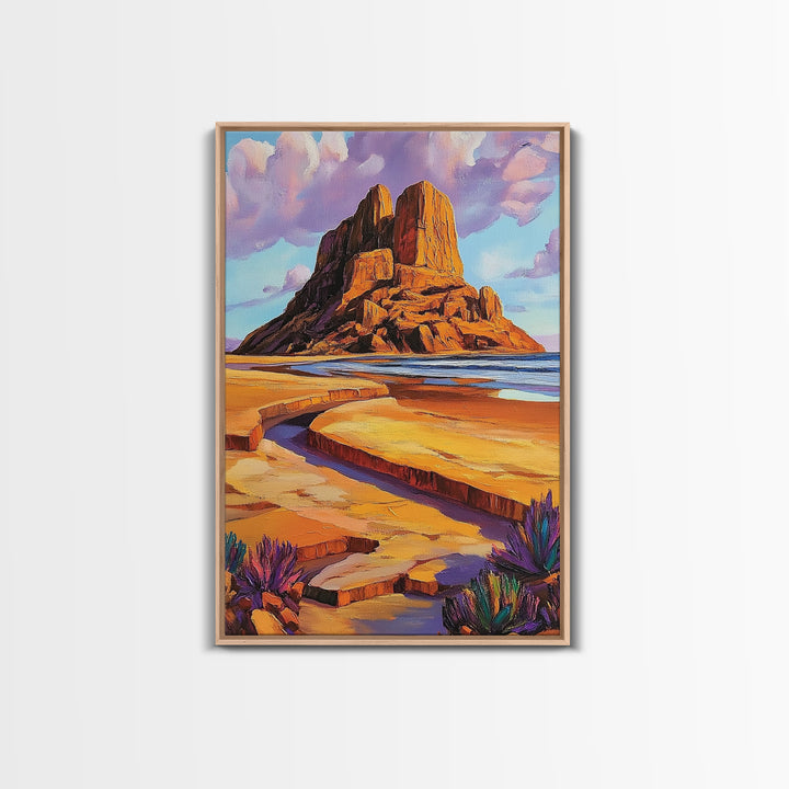 Desert Monolith, Canyon Rock, Purple Sky, Southwest Vibes, Framed Canvas Print, Boho Wall Art, Desert Landscape, Office Wall Decor