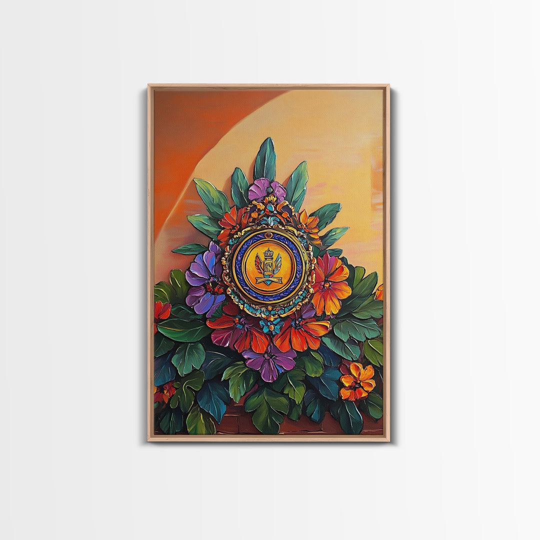 Royal Crest, Floral Emblem, Mediterranean Decor, Vibrant Details, Framed Canvas Print, Kitchen Wall Art, Spanish Wall Art, Regal Vibe