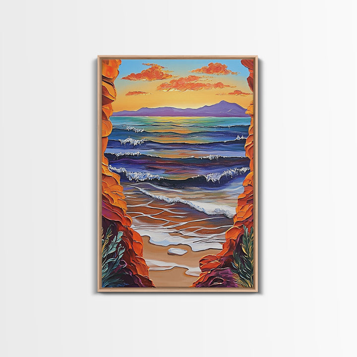 Ocean Horizon, Cliffside View, Sunset Waves, Peaceful Seascape, Framed Canvas Print, Living Room Wall Art, Beach Window View