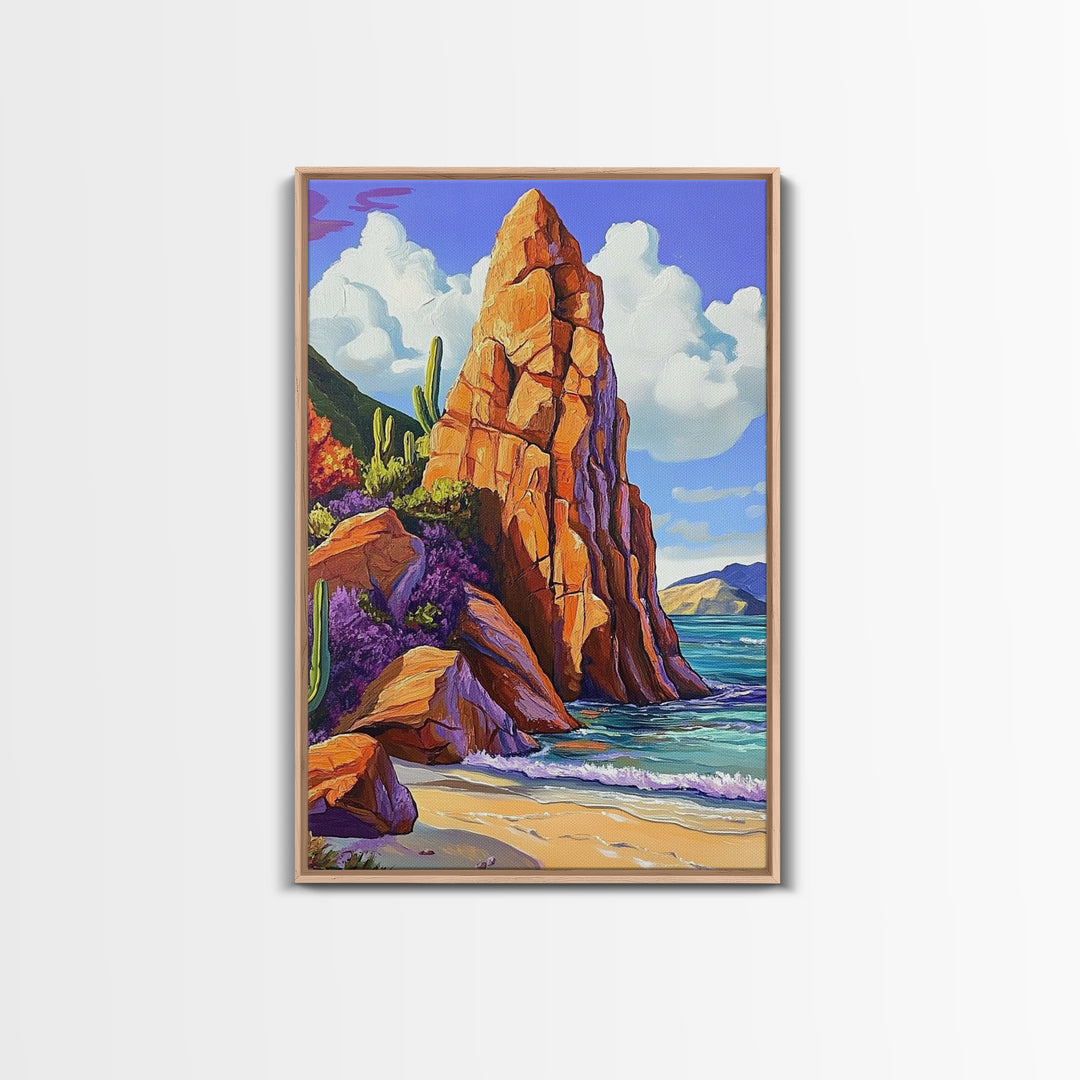 Rocky Spire, Cactus Landscape, Desert Coastline, Nature Escape, Framed Canvas Print, Western Wall Art, Adventure Travel Aesthetic