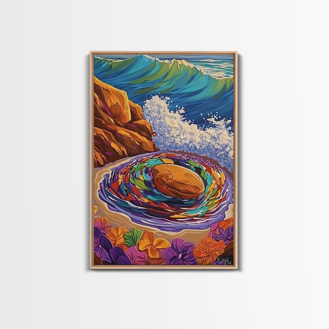 Ocean Spiral Stones, Coastal Zen Art, Sea Energy Waves, Framed Canvas Print, Boho Beach Wall Art, Meditation Room Decor, Nature Spiritual Art