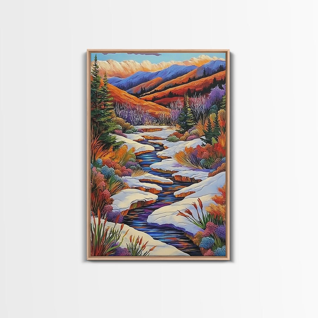 Autumn Snow Creek, Mountain Fall Scene, Nature River Painting, Framed Canvas Print, Cozy Living Room Wall Art, Rustic Cabin Style