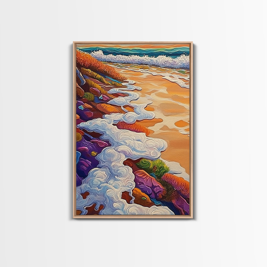 Ocean Shore Foam, Abstract Beach Scene, Coastal Texture Art, Framed Canvas Print, Summer Bathroom Wall Art, Vibrant Seaside Style