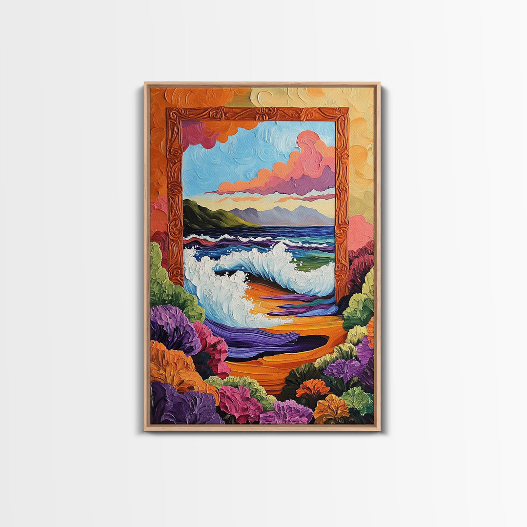 Ocean Frame, Crashing Waves, Surreal Seascape, Floral Shoreline, Framed Canvas Print, Coastal Wall Art, Bathroom Decor, Dreamy Beach Art