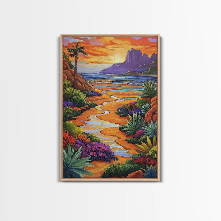 Desert Beach, Mountain Sunset, Ocean Stream, Palm Tree — Framed Canvas Print vibrant landscape wall art, boho living room, beach house decor