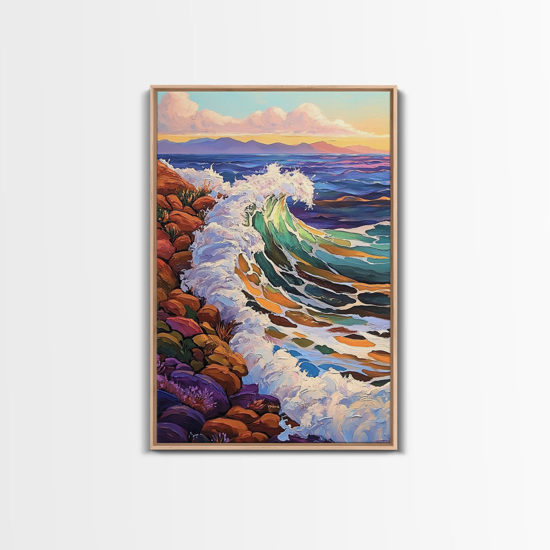 Crashing Ocean Wave, Rocky Coastline Scene, Vibrant Beach Art, Framed Canvas Print, Nature Inspired, Coastal Living Room Wall Art