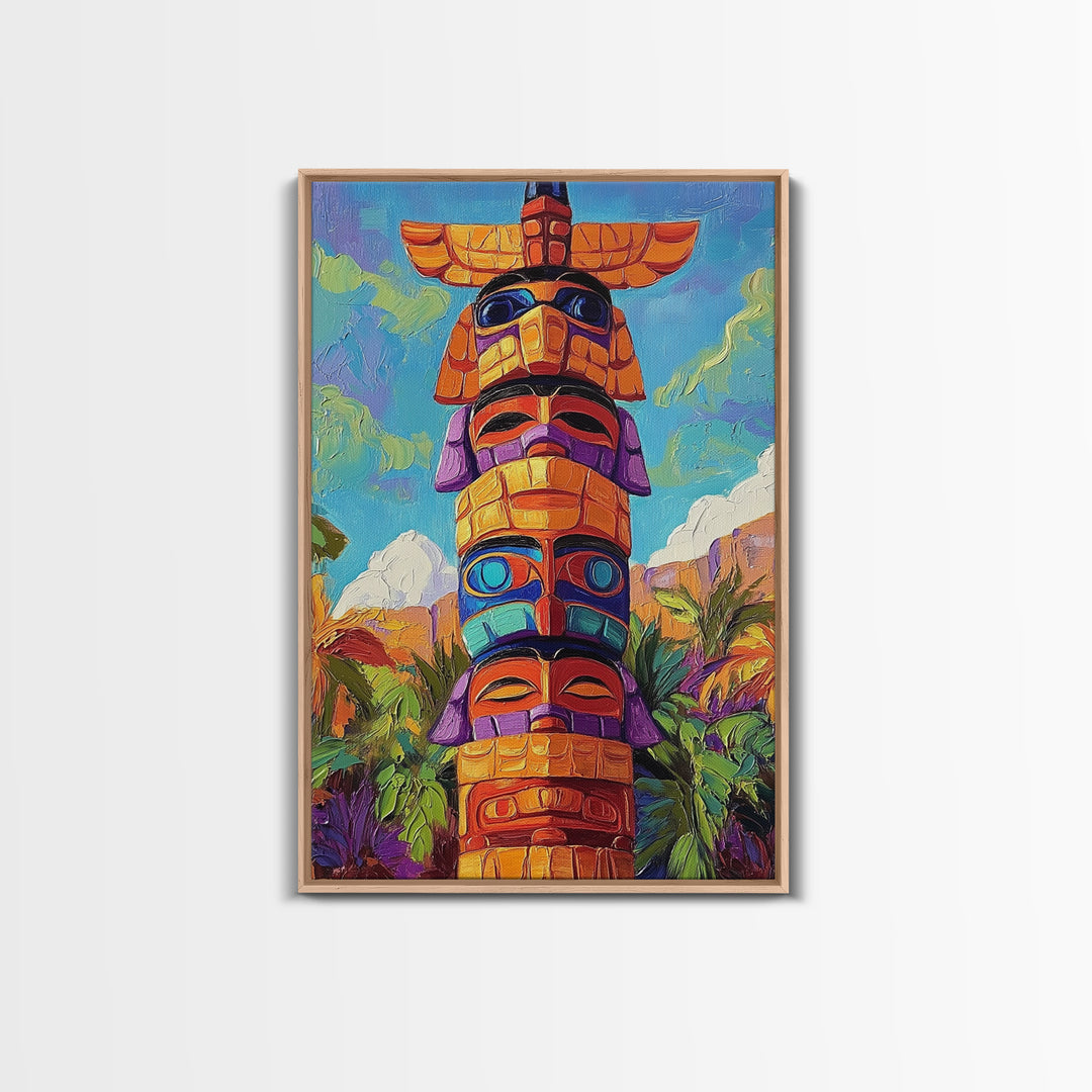 Totem Pole Painting, Tribal Inspired Decor, Canvas Print, Vibrant Wall Art, Boho Art Style, Entryway Statement Art, Unique Cultural Art