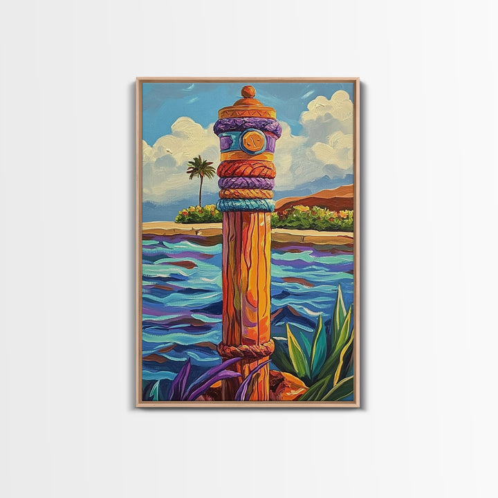 Nautical Pole Art, Tropical Shoreline Decor, Canvas Print, Coastal Boho Wall Art, Bathroom Beach Theme, Island Inspired Design