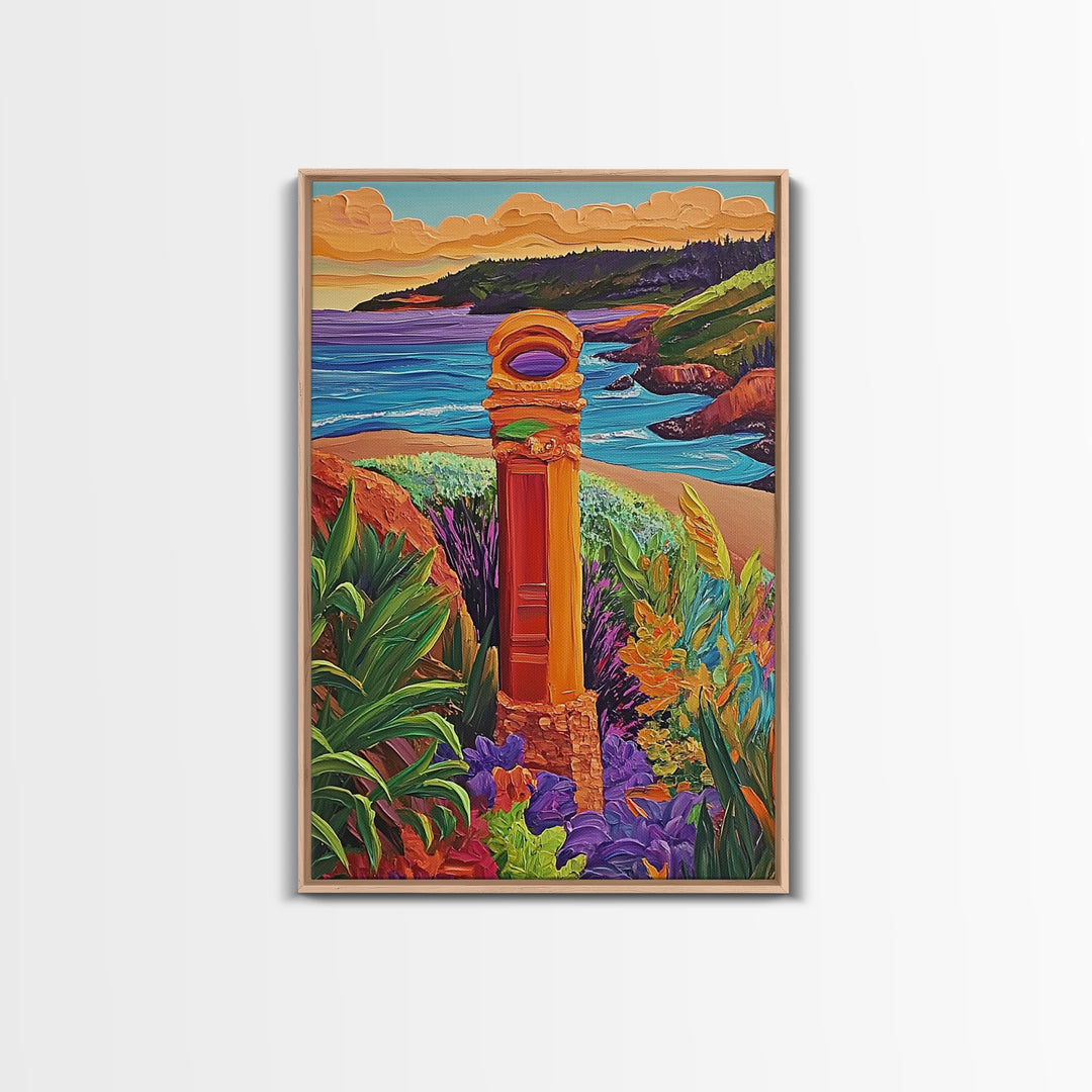 Coastal Landmark Art, Beach Garden View, Framed Canvas Print, Vibrant Landscape Wall Art, Sunroom Decor, Bright Coastal Scene