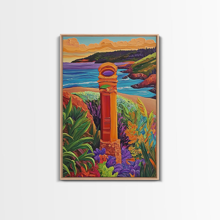 Coastal Landmark Art, Beach Garden View, Framed Canvas Print, Vibrant Landscape Wall Art, Sunroom Decor, Bright Coastal Scene